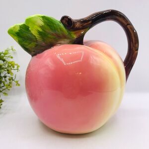 POTTERY BARN Pitcher Vintage Porcelain Peach Fruit French Country  6.5x7 Inches
